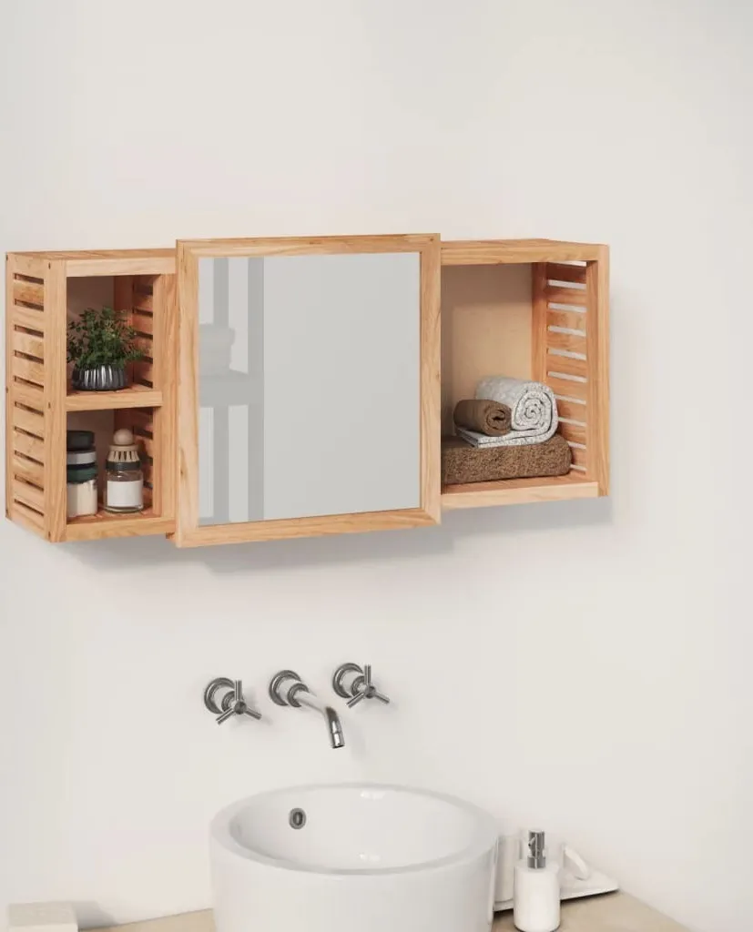 Armoire de Toilette 80 cm Noyer Massif pour Ranger et Organiser sa Salle de Bain
