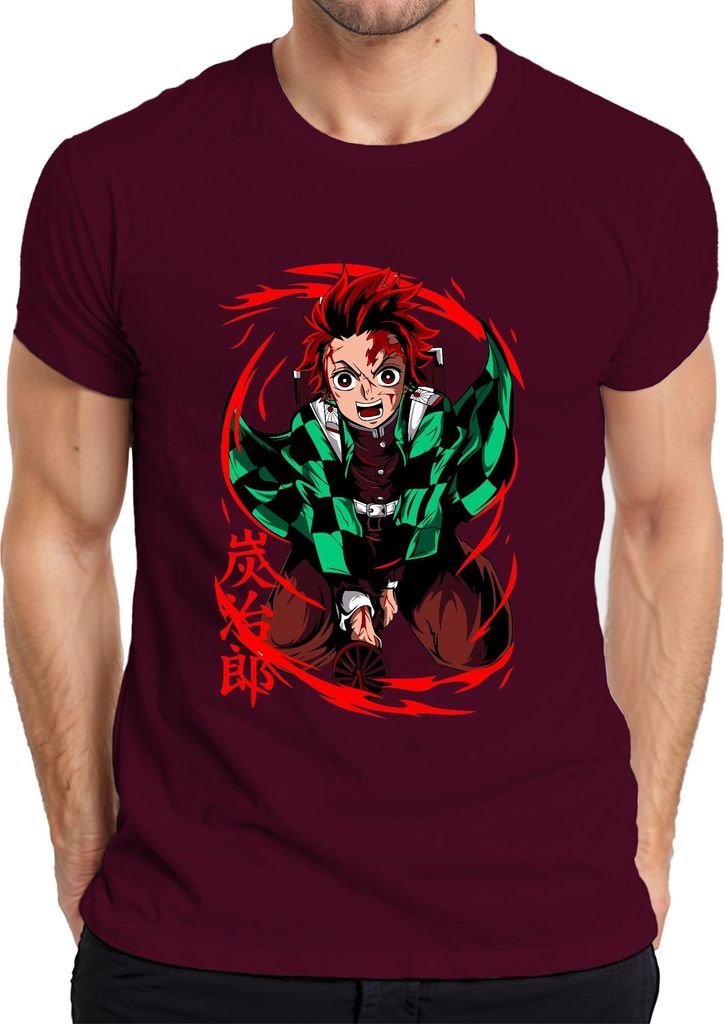 Tanjiro Kimetsu no Yaiba Sonnenatem Hinokami Anime Geschenk Herren T-Shirt, Burgundy, M