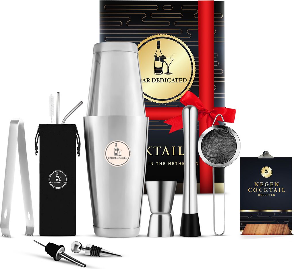 Bar Dedicated - 13-teiliges silbernes Cocktail-Set - Cocktail-Shaker-Set mit Jigger - Boston Shaker inkl. Rezeptbuch und Geschenkverpackung