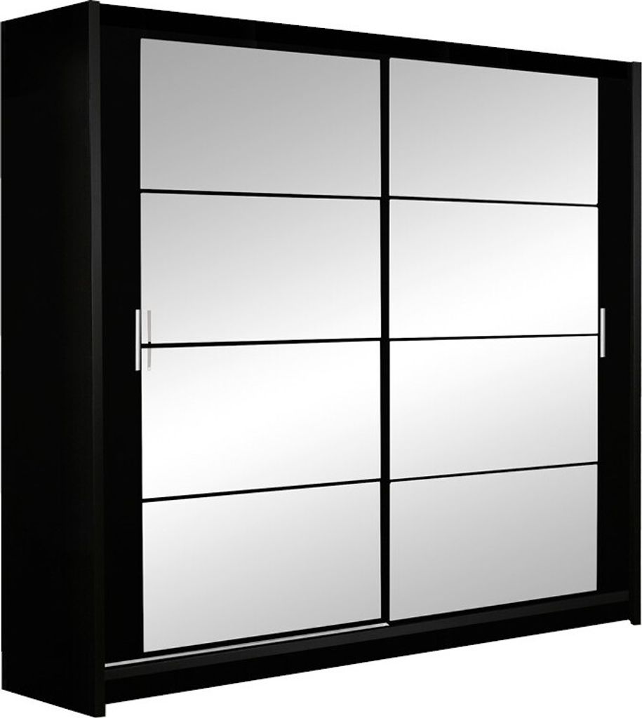 Furniture24 Kleiderschrank Dakota 203 Schlafzimmer 2 Türiger Schwebetürenschrank Schrank mit Kleiderstange 4 Einlegeboden und Spiegel Schwarz Sch...