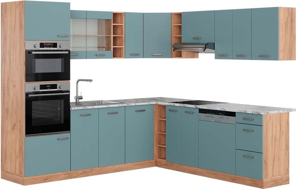 Eckküche Vicco R-Line Blau-Grau/Goldkraft Eiche 247 x 60 cm , AP Marmor, Model 43083