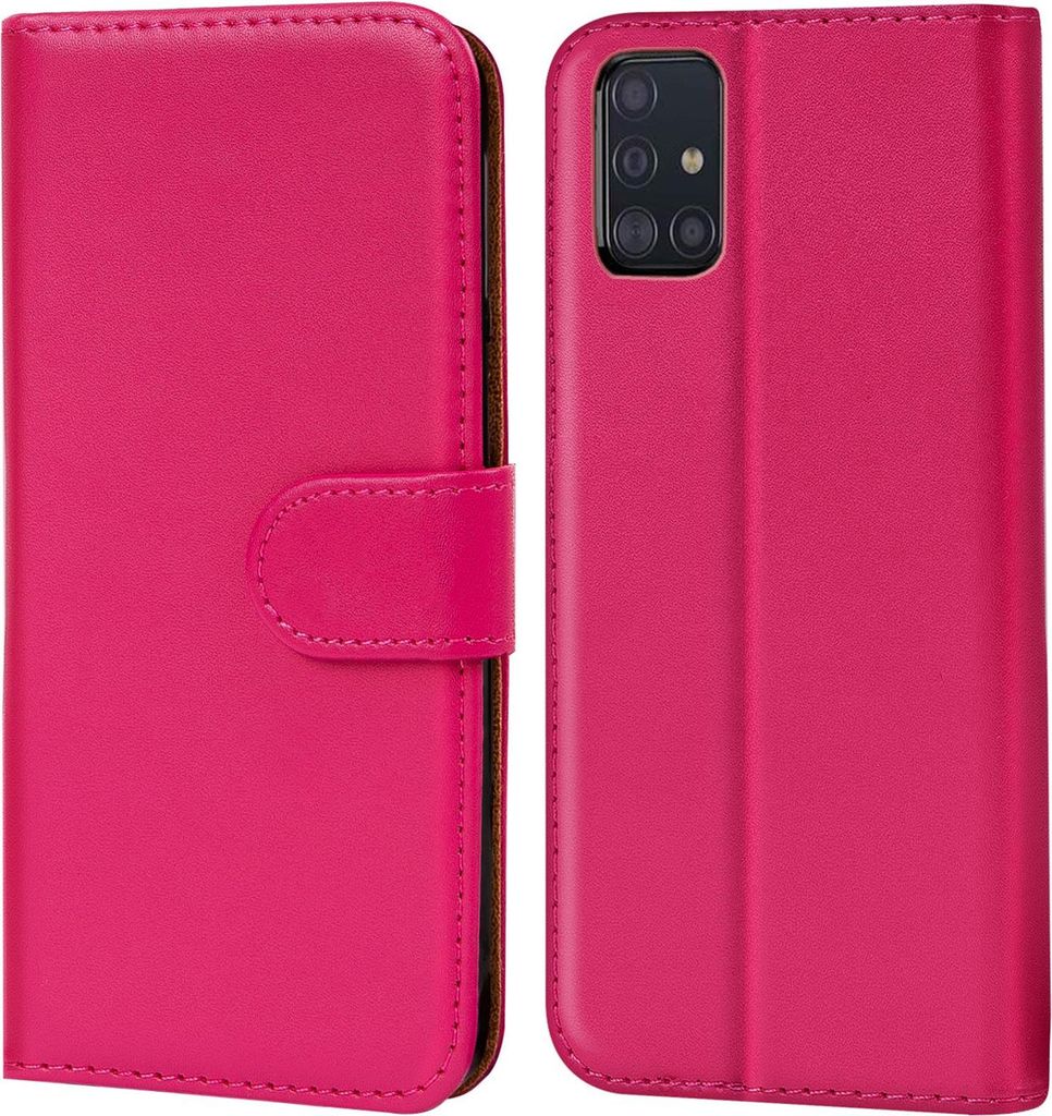 A pink flip case for a Samsung Galaxy A51 phone, shown open and closed.