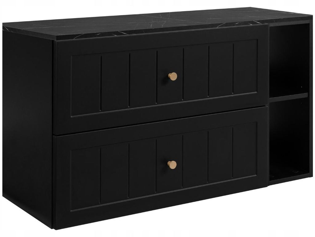Rodan | Waschbeckenunterschrank 80 cm Schwarz - Waschtisch Hängend - Arbeitsplatte in schwarzer Marmoroptik - schwarzes Regal
