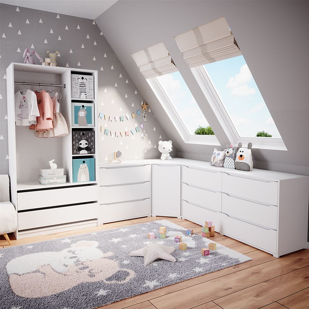Kinderkleiderschrank Vicco Elmo Weiß 100 x 200 cm mit 2 Schubladen und Faltboxen, Model 40790