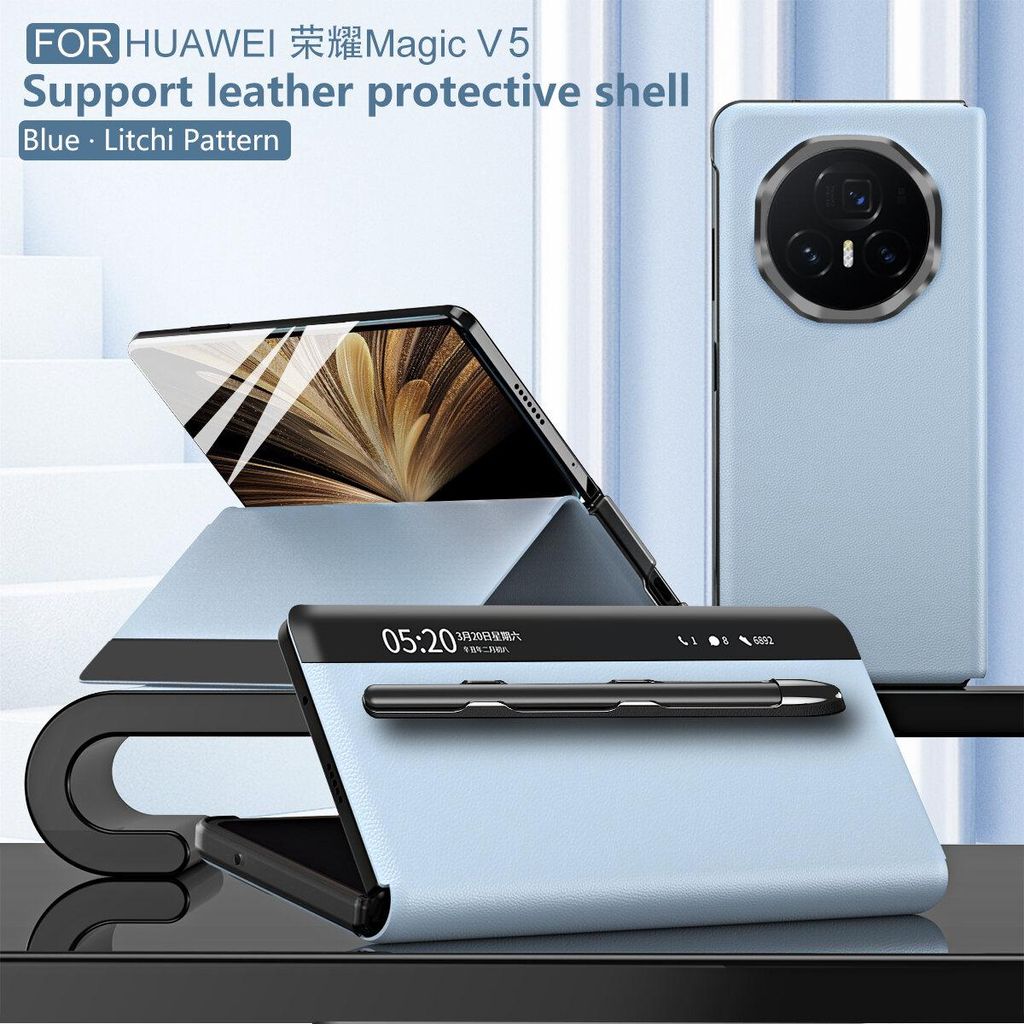 A light blue foldable phone case with a stylus holder is displayed, with a phone partially open in the background.