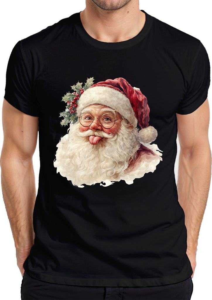 Weihnachtsmann Zunge raus Brille Stechpalme Lustig Aquarell Herren T-Shirt, Schwarz, 3XL