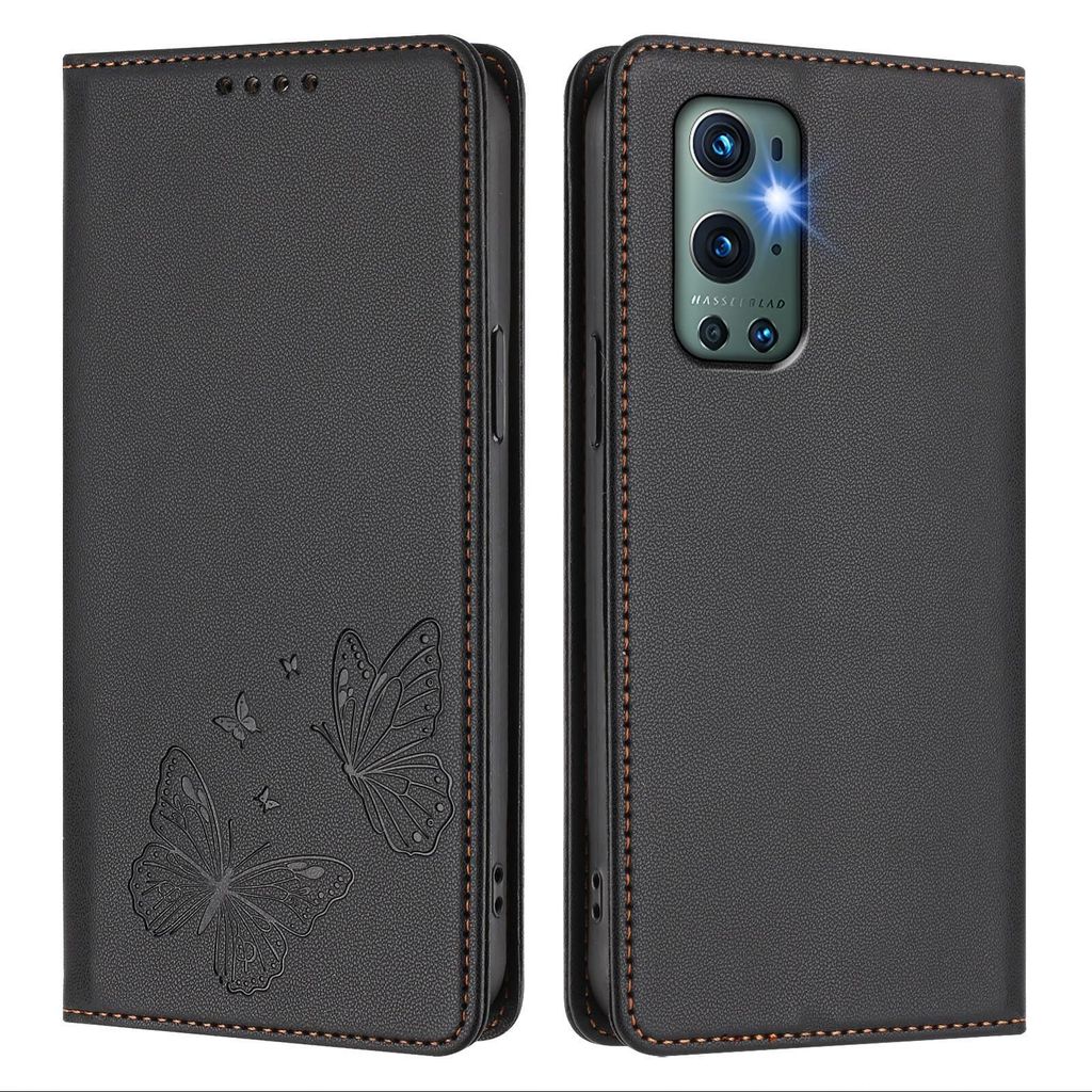 Lederhülle für OnePlus 9 Pro, Schmetterling Prägung Leder Brieftasche Schutzhülle mit Ständer Schwarz