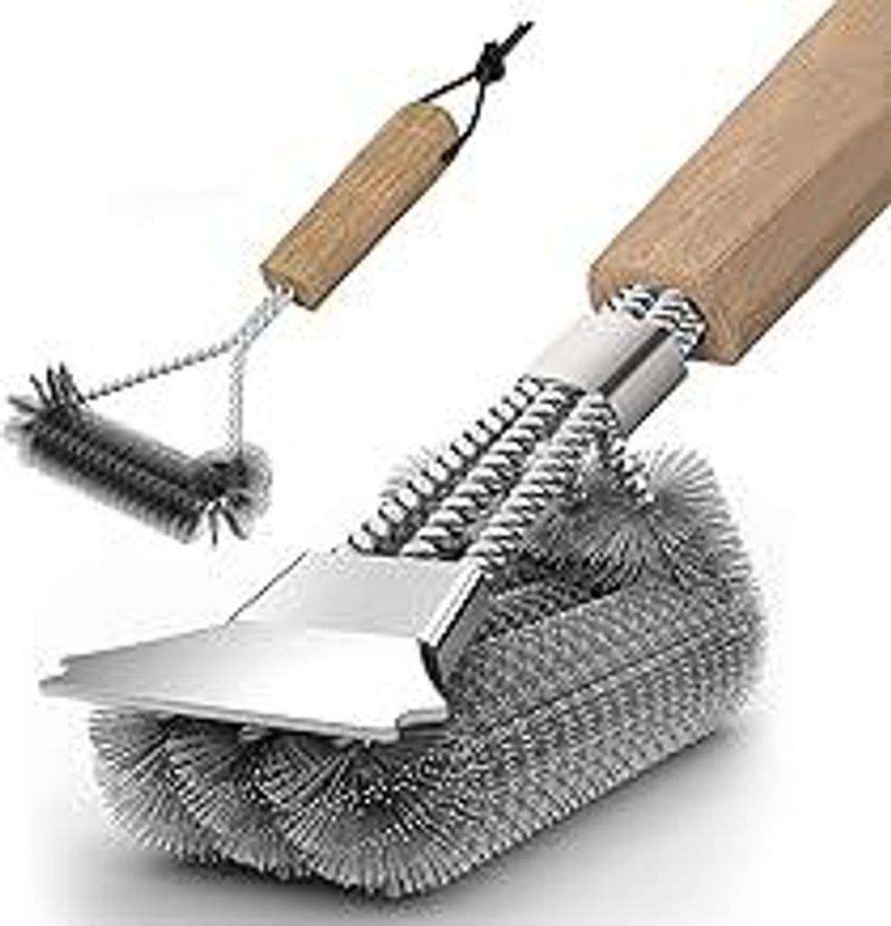 Grillbürste (2 Stück), Grill Reinigungsbürste mit Holzgriff, 39cm Grillbürste mit Edelstahl Schaber, dichte Edelstahlborsten, Dreieckig 360° G...