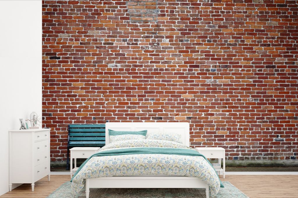 MuchoWow Fototapete für Wohnzimmer oder Schlafzimmer Wandtapete Vinyl Motivtapete Ziegelstein - Bank - Grün - 390x260 cm - Papiertapete