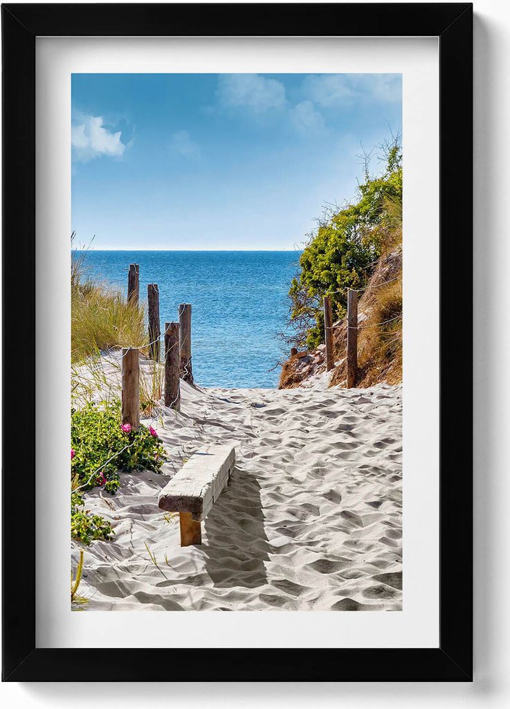Sandige Straße zum Strand und Meer– Wandbild mit Rahmen – Gerahmtes Bild – Wanddekoration – 20x30 cm – Schwarz