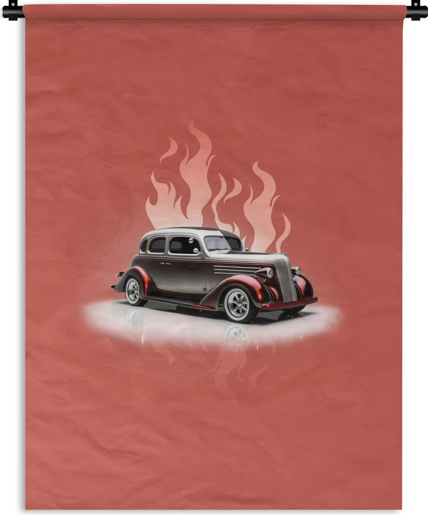MuchoWow Wandteppich Wandbehang Auto - Rosa - Vintage - Flammen 90x120 cm Tapisserie Dekoration Wandtuch - Wanddeko