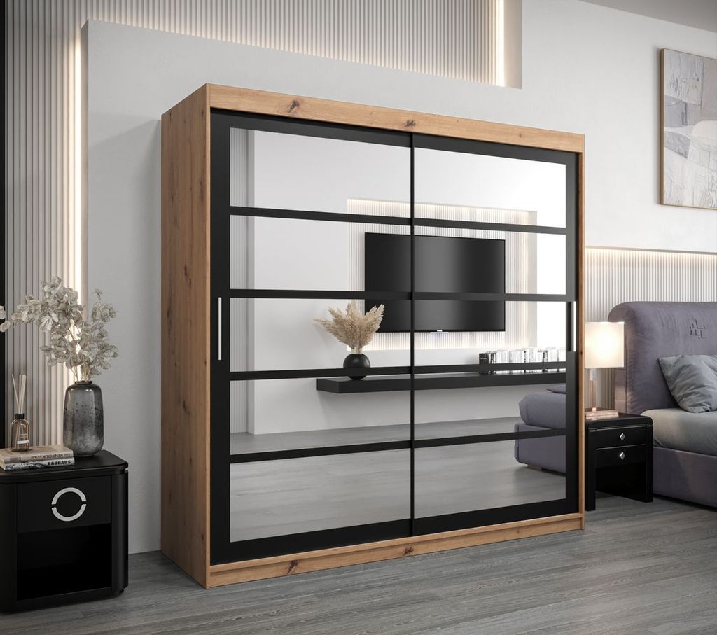 Kleiderschrank JOHANA – Breite 200 cm, Eiche handwerklich / schwarz