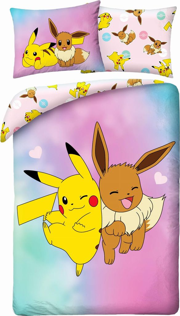 A bedding set featuring Pokemon characters Pikachu and Eevee against a colorful, gradient background.
