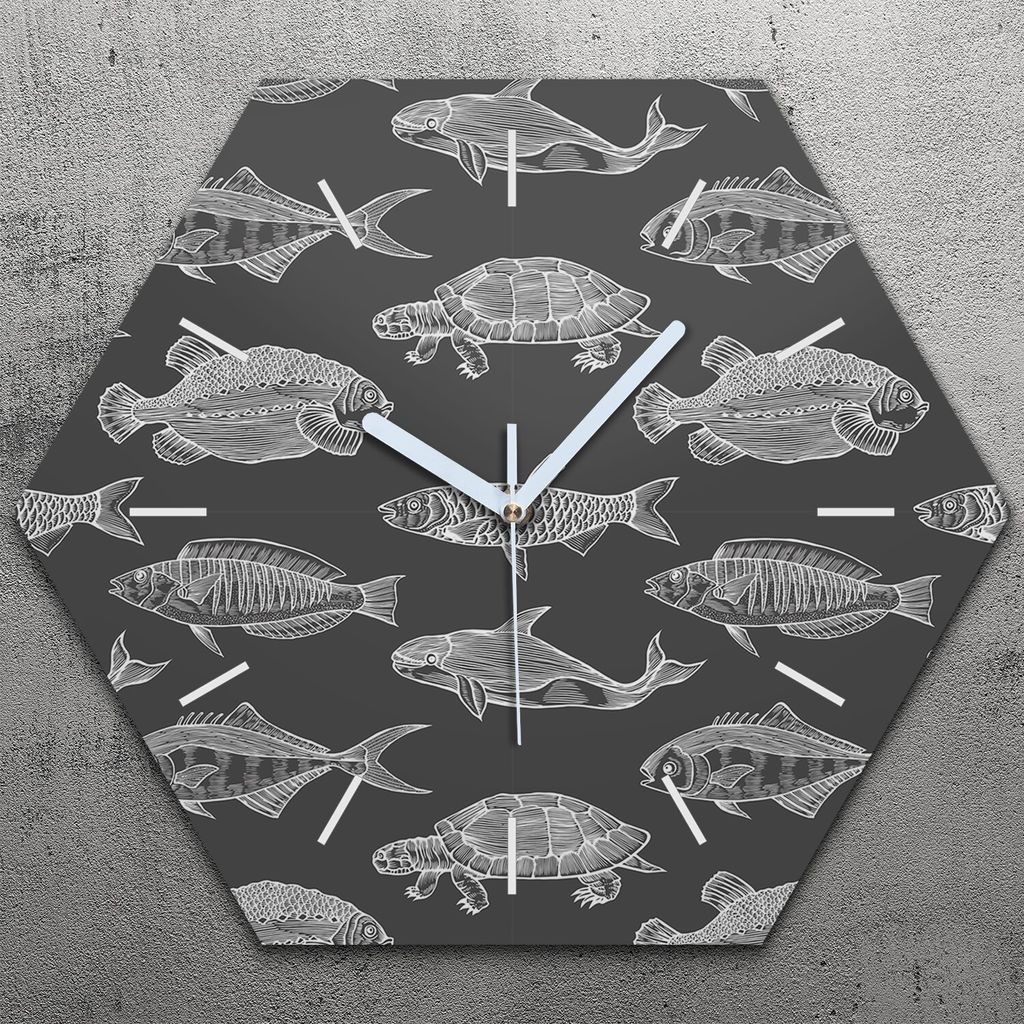 Uhr hexagonal 40 cm Glas Geräuschlos weiße Zeiger - Schwarzer Fisch Meeresfrüchte