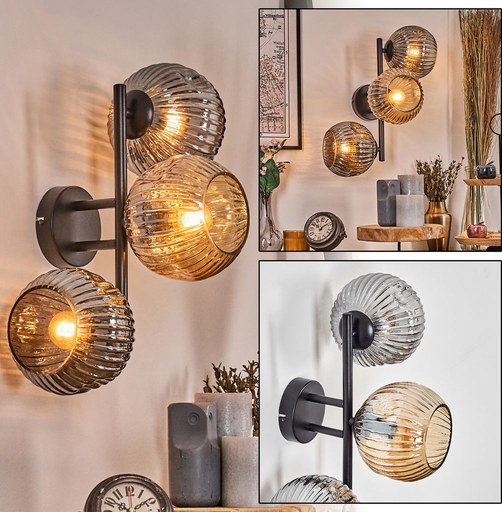 Villamare Wandlampe aus Metall/Riffelglas in Schwarz/Rauch-/Bernsteinfarben