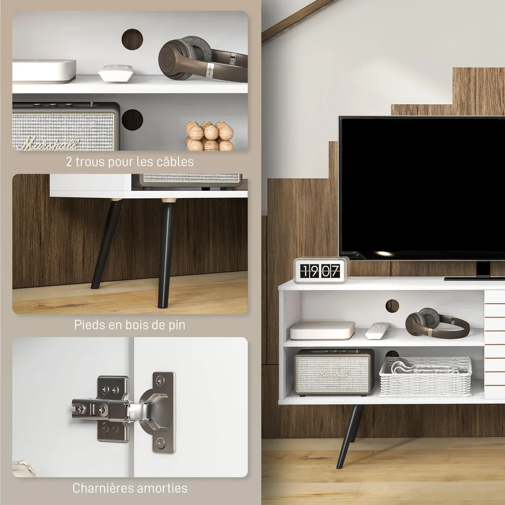 Meuble TV blanc 145cm : rangez vos câbles et décodeurs proprement - 8