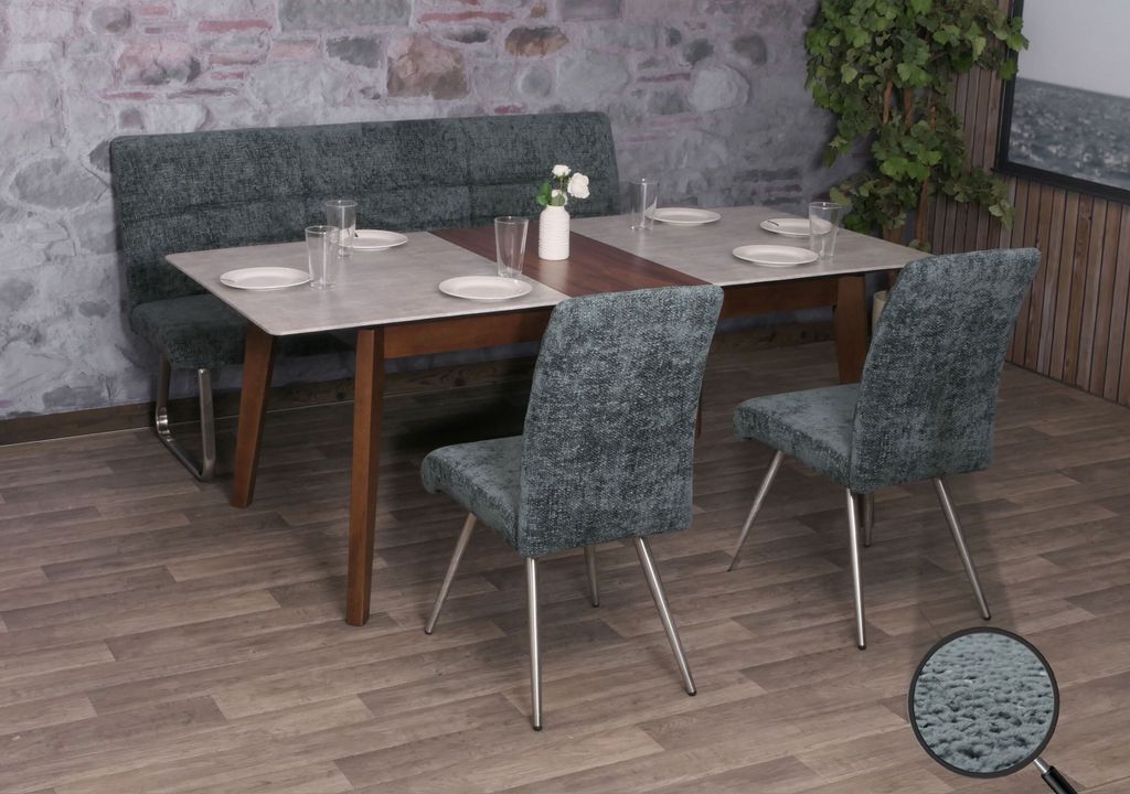Esszimmer-Set HWC-G55, 2er-Set Stuhl + Sitzbank 180cm, Edelstahl gebürstet Stoff/Textil Chenille blau-grün