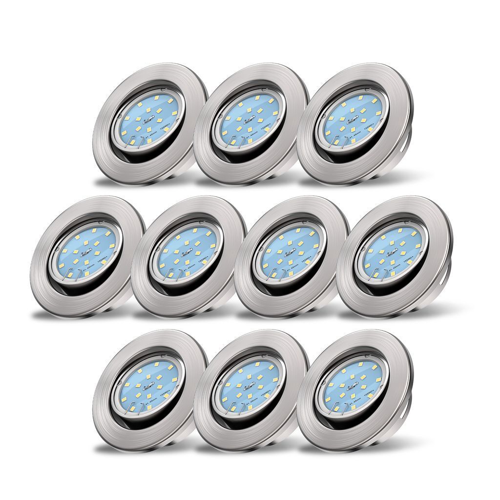 A set of ten round LED recessed lights with silver-colored frames and blue LED lights, arranged in three rows on a white background.