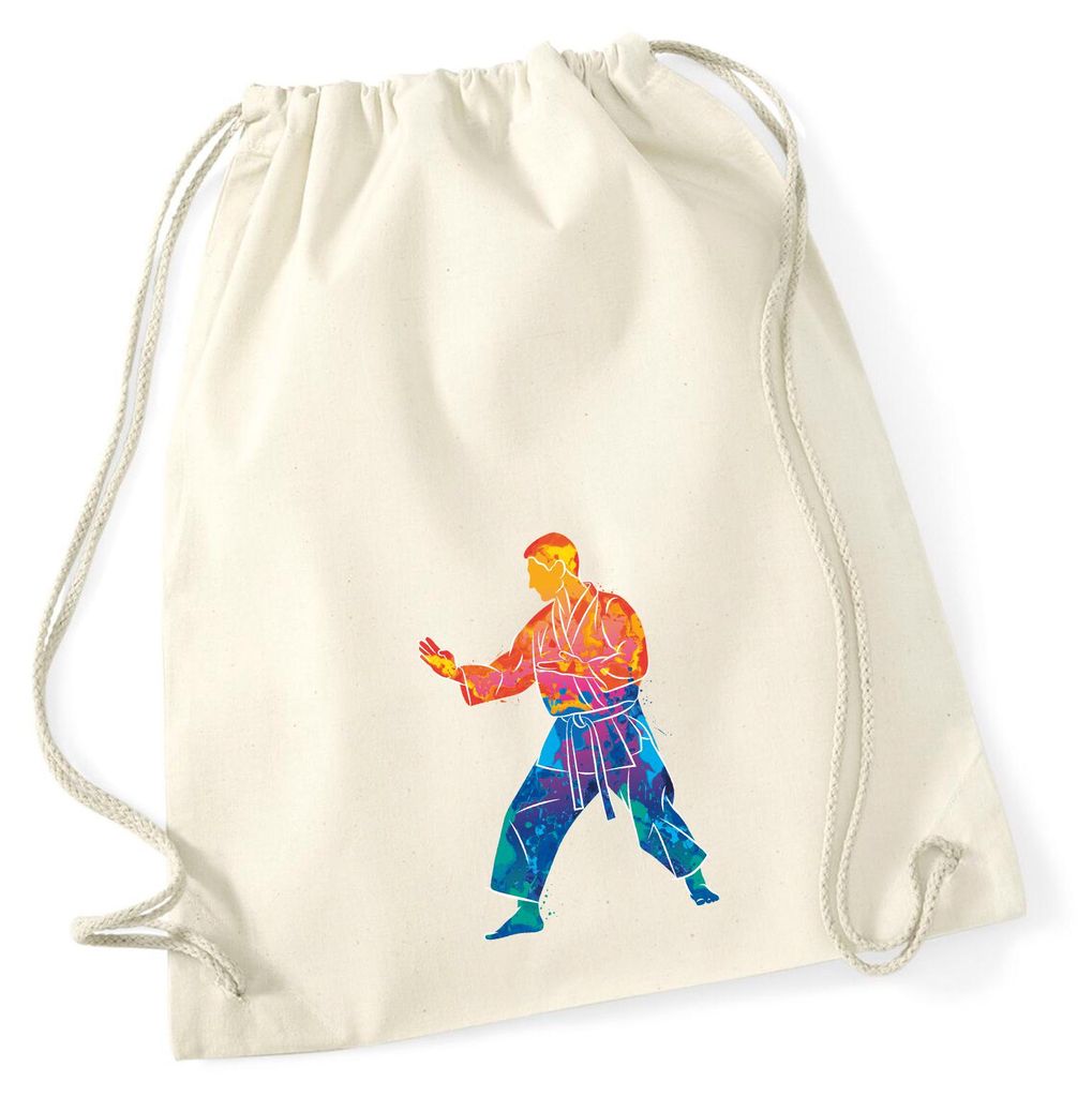 Huuraa Turnbeutel Karate bunte Silhouette 12 Liter Natural Baumwolle Rucksack Geschenkidee