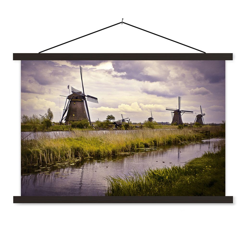 MuchoWow Textilposter Mühle - Niederlande - Wasser 90x60 cm mit schwarzem Rahmen - Aufhängungssatz
