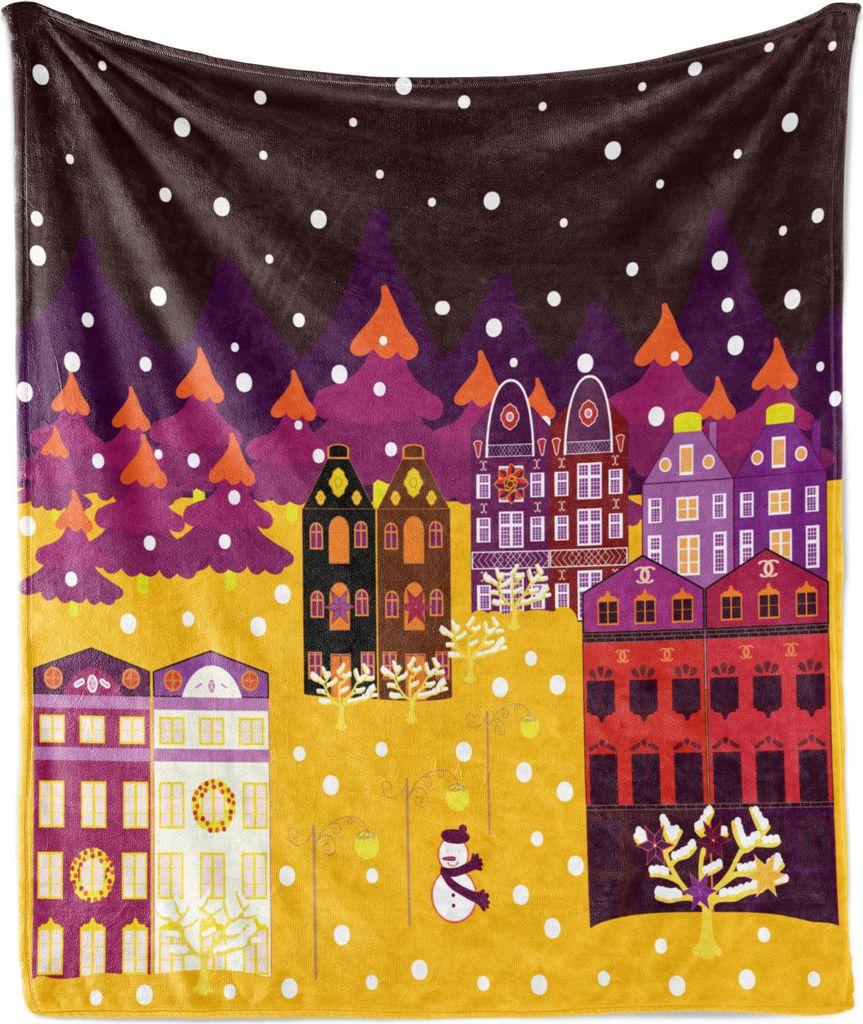 ABAKUHAUS Schnee Weich Flanell Fleece Decke, Bunte Alte europäische Häuser Stadtansicht im Winter mit Bäumen und Schneemann, 175 x 230 cm, Seal ...