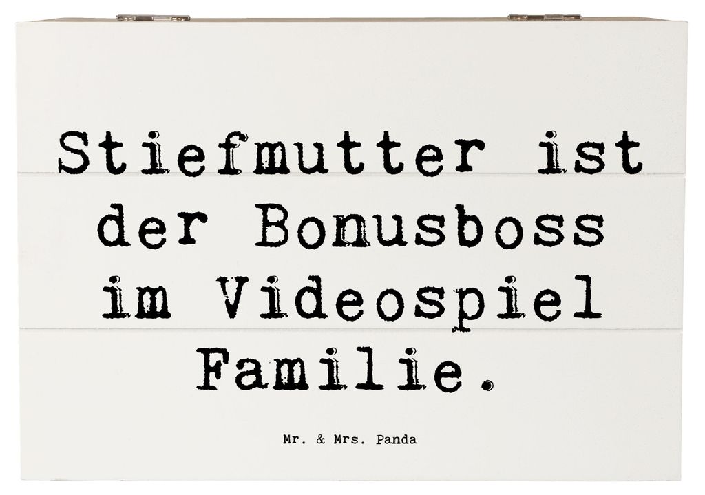 Mr. & Mrs. Panda Holztruhe Spruch Stiefmutter Bonusboss 22 x 15 cm - Weiß - Geschenk, Herausforderung, Schatzkiste, Videospiel, Verwandte, Stiefki...