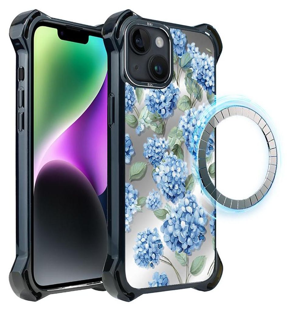 Schutzhülle für das iPhone 14 Plus, MagSafe-kompatibel, verstärkte Ecken, schwarz, Hortensienblüten