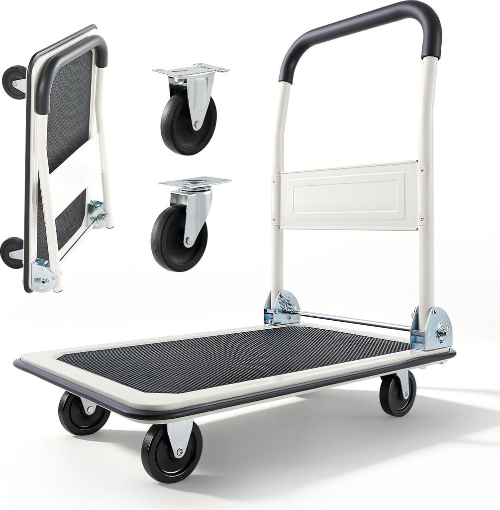 SucceBuy Klappbarer Plattformwagen 150 kg, Transportwagen mit Lenkrollen, Handwagen mit rutschfester Ladefläche, praktische Transporthilfe für ei...