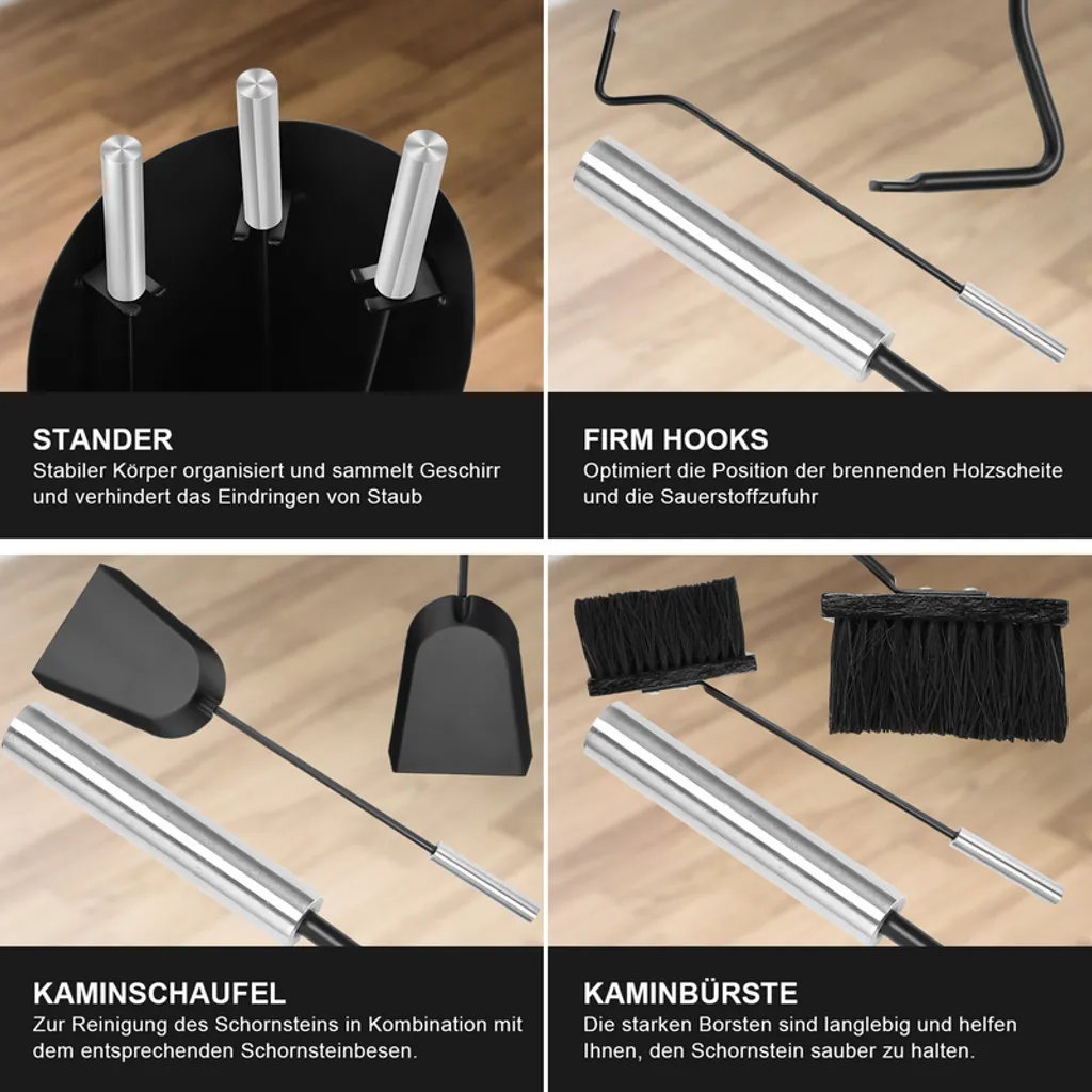 Jopassy Serviteur de Cheminée Noir 4 Pièces avec Support et Outils