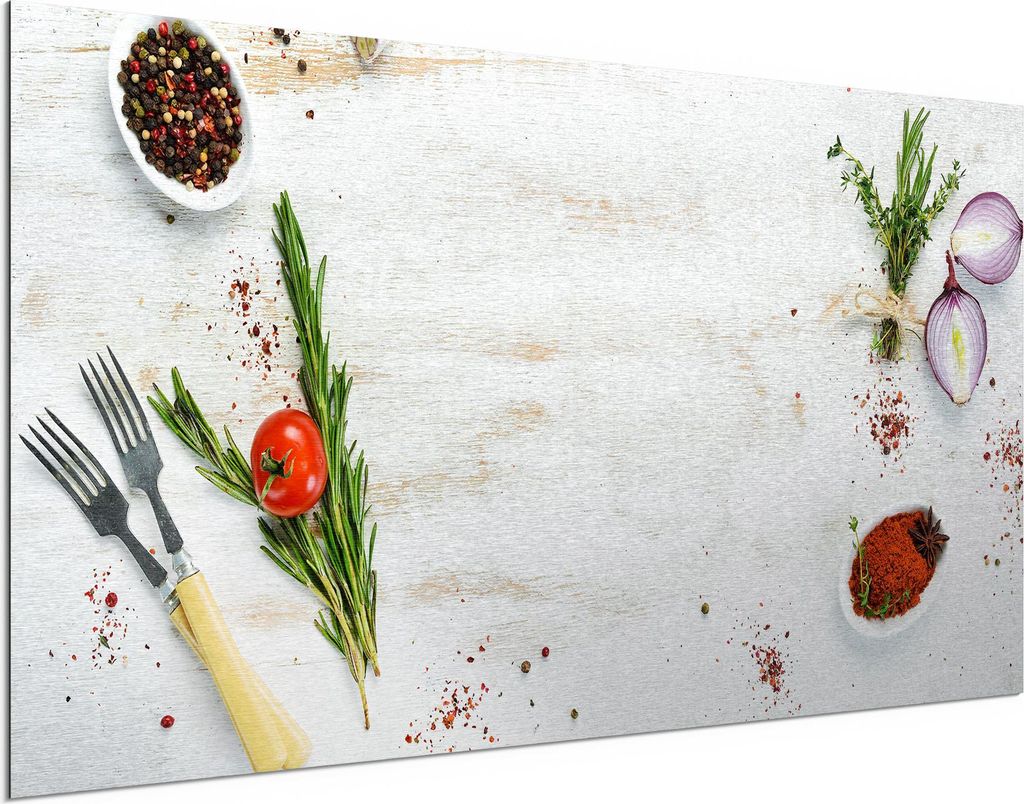 DEQORI Alu-Dibond Bild Silber 100x50 cm 'Küchenkräuter und Gewürze' Wandbild Metall dünn