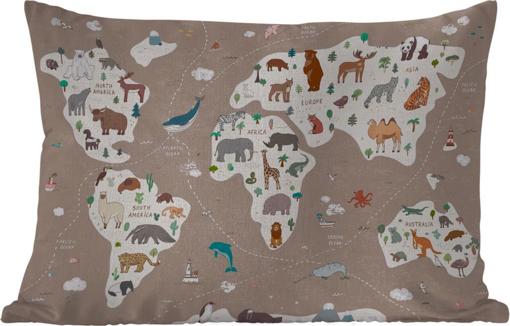 MuchoWow Outdoor Kissen - Weltkarte Kinder - Tiere - Braun - Jungen - Mädchen - 50x30 cm - Wetterfest - Lounge Kissen - Sofa kissen - Wohnzimmer...