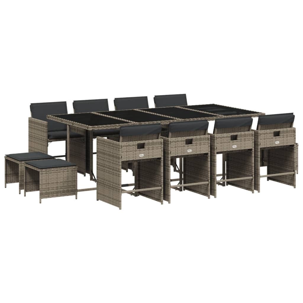 SYFAX 13-tlg. Garten-Essgruppe mit Kissen Grau Poly Rattan
