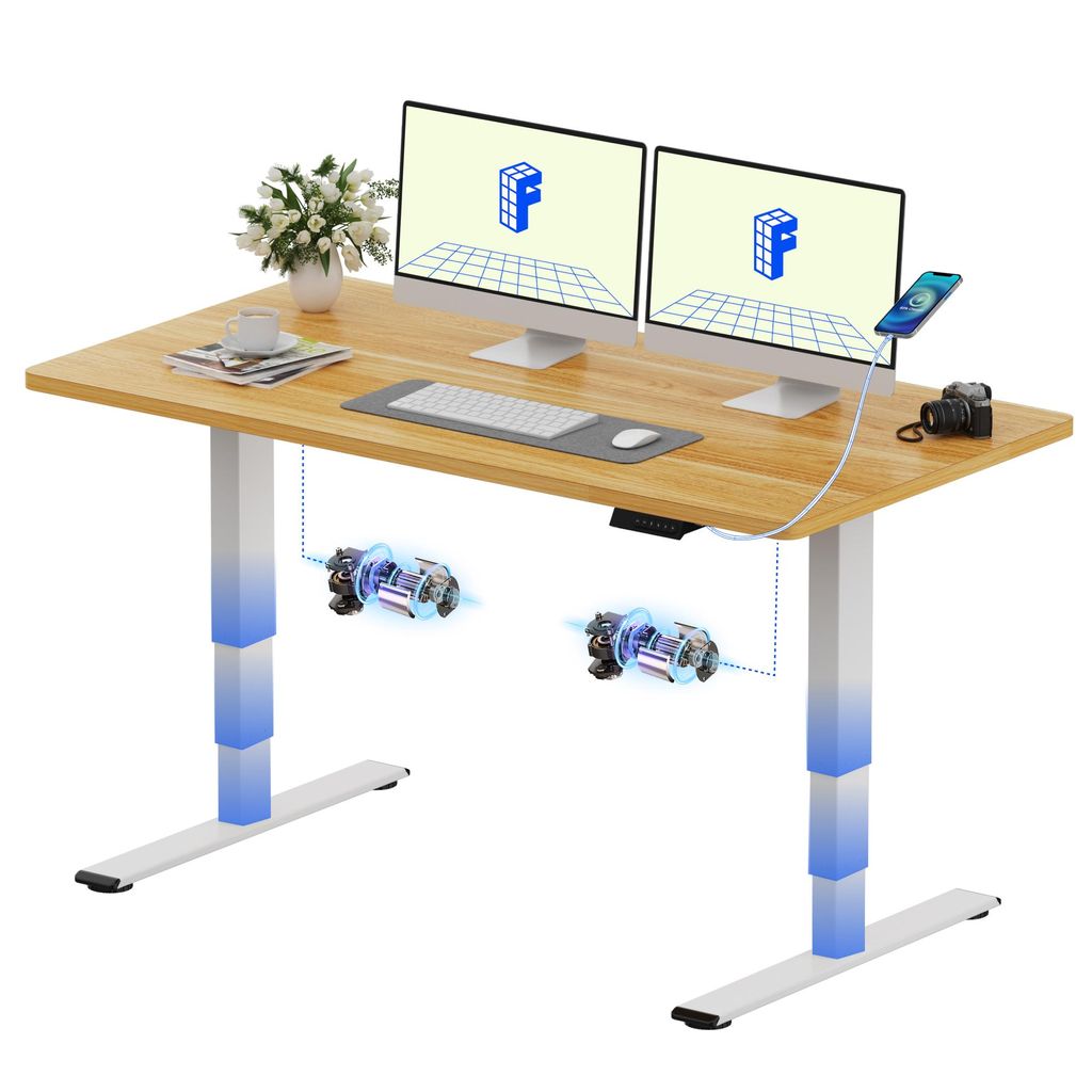 A standing desk with dual monitors, keyboard, mouse, and accessories.