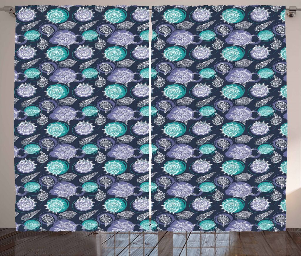 ABAKUHAUS Nautisch Rustikaler Gardine, Ozean Grunge Muscheln, Schlafzimmer Kräuselband Vorhang mit Schlaufen und Haken, 280 x 245 cm, Nachtblau Me...