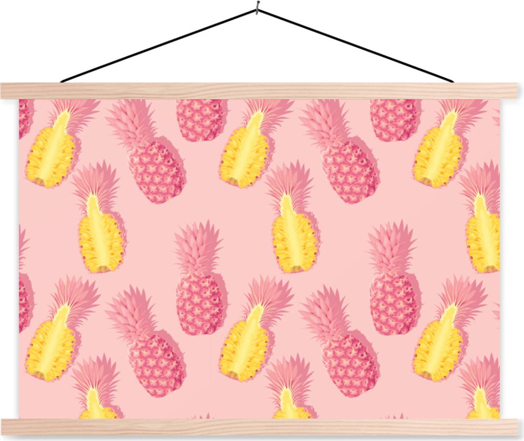 MuchoWow Textilposter Sommer - Ananas - Gelb - Rosa 60x40 cm mit holzfarbenen Rahmen - Bilder