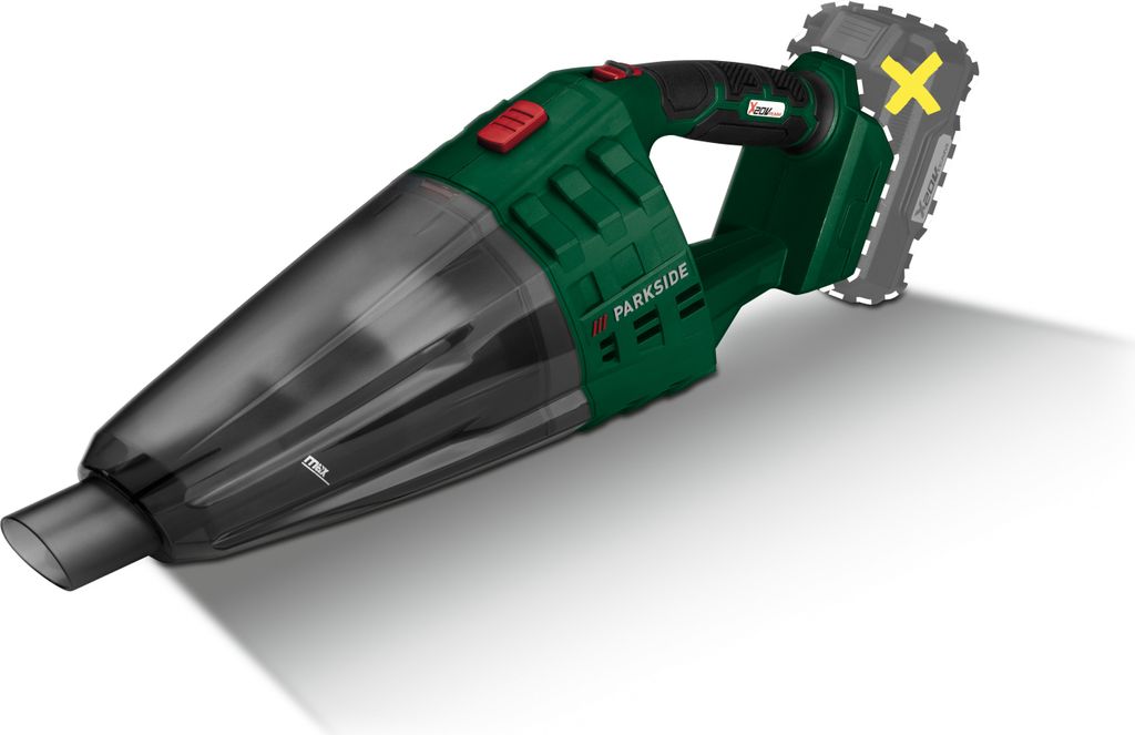 A cordless handheld vacuum cleaner is shown against a white background. The battery pack is shown detached with a yellow 'X' mark.