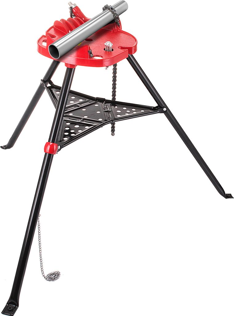 A red and black pipe vise stand with a metal pipe clamped in it, isolated on a white background.
