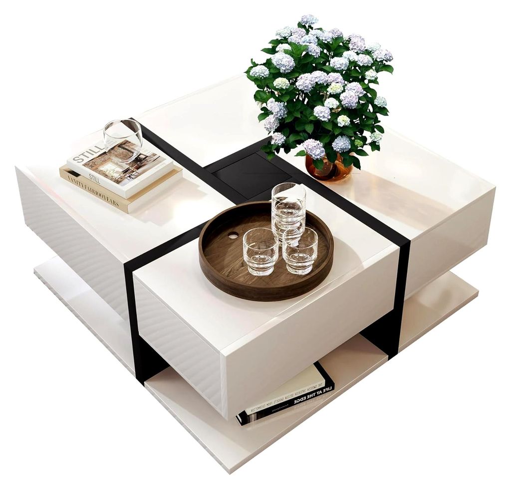 Quadratischer Couchtisch mit 4 Schubladen und Stauraum, Wohnzimmertisch aus Holz (Weiß - Hochglanz)