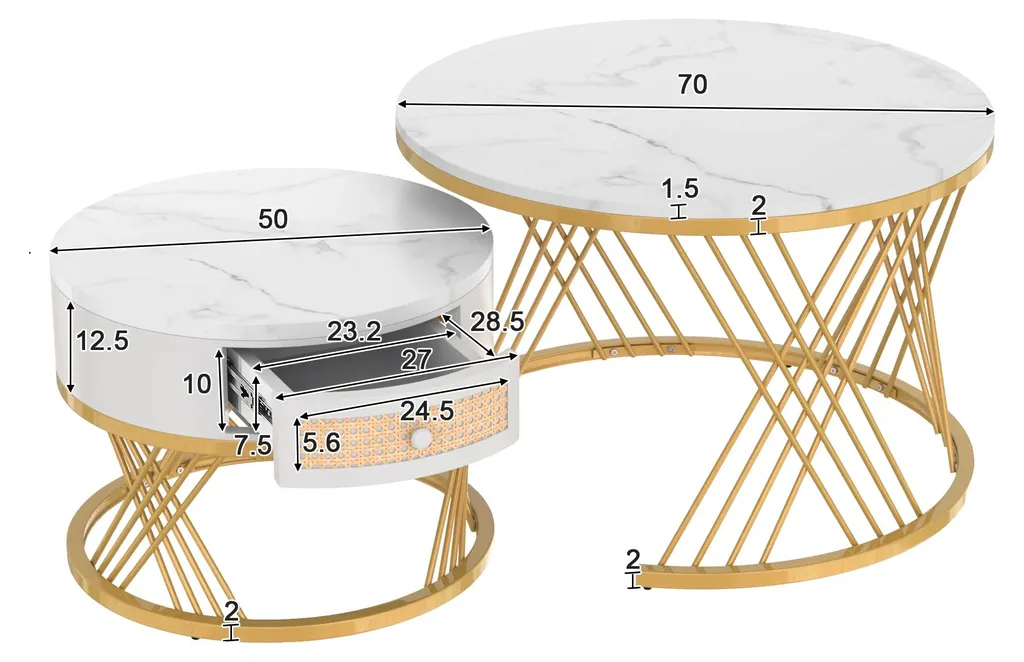 Table basse ronde en MDF blanc avec structure dorée design minimaliste