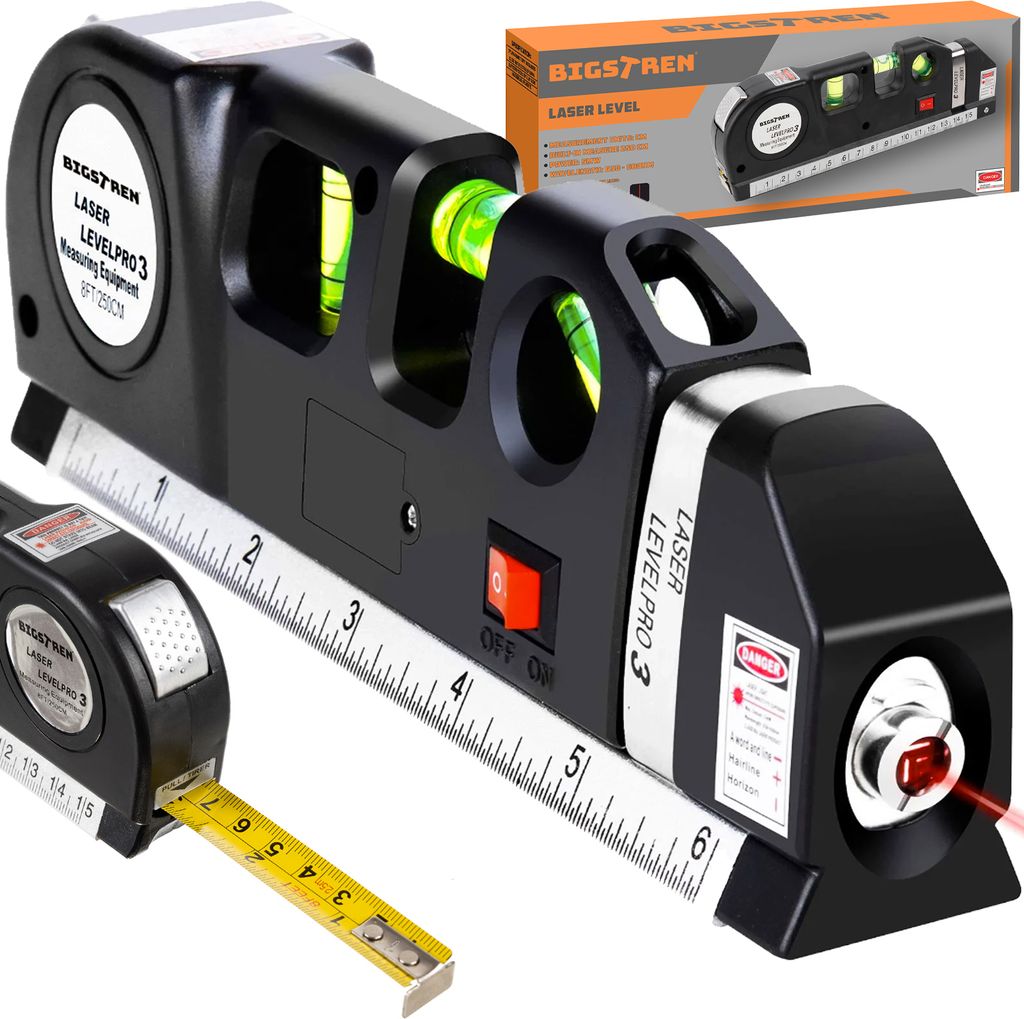 Laser-Wasserwaage mit Vertikal- und Horizontallibelle und Maßband 250 cm Nivellierwerkzeug für Bildern Schränken Fliesenwänden 21747