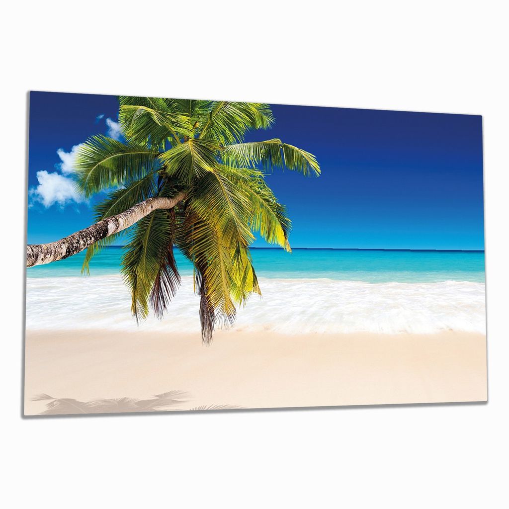 Wallario Herdabdeckplatte aus Glas, Größe 90 x 52 cm 1-teilig, Motiv Südseestrand in der Karibik mit Palme