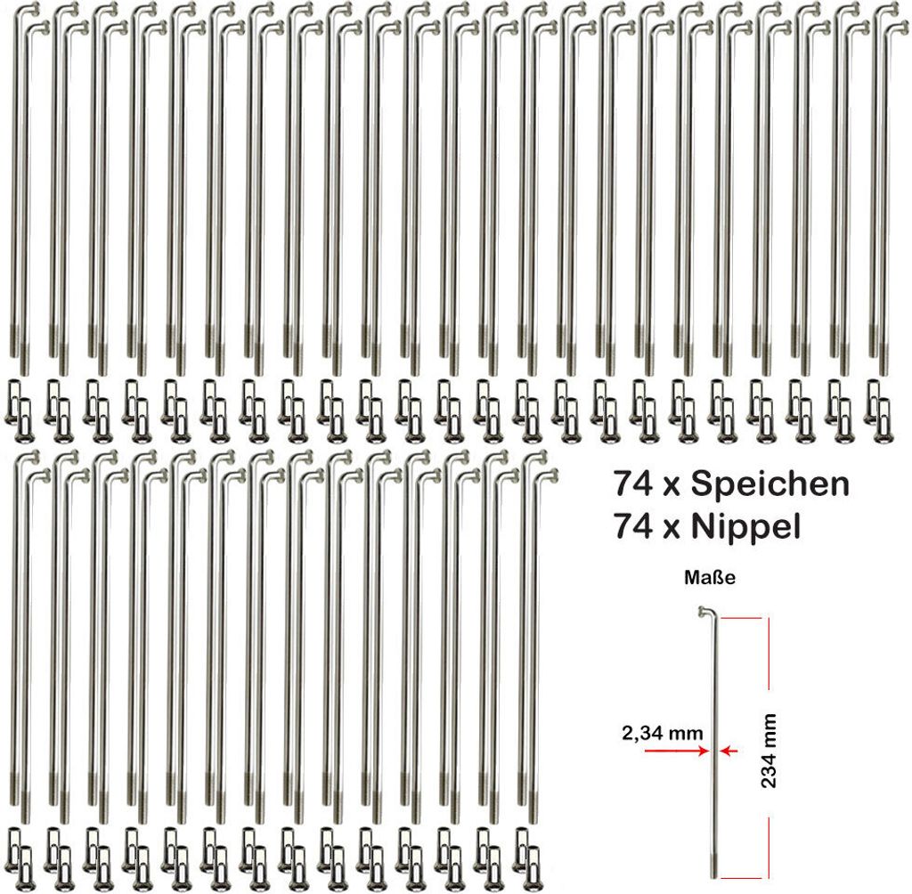 74 Stück Speichen 234mm verstärkt NIROSTA 2,34mm inkl. Messing Speichennippel