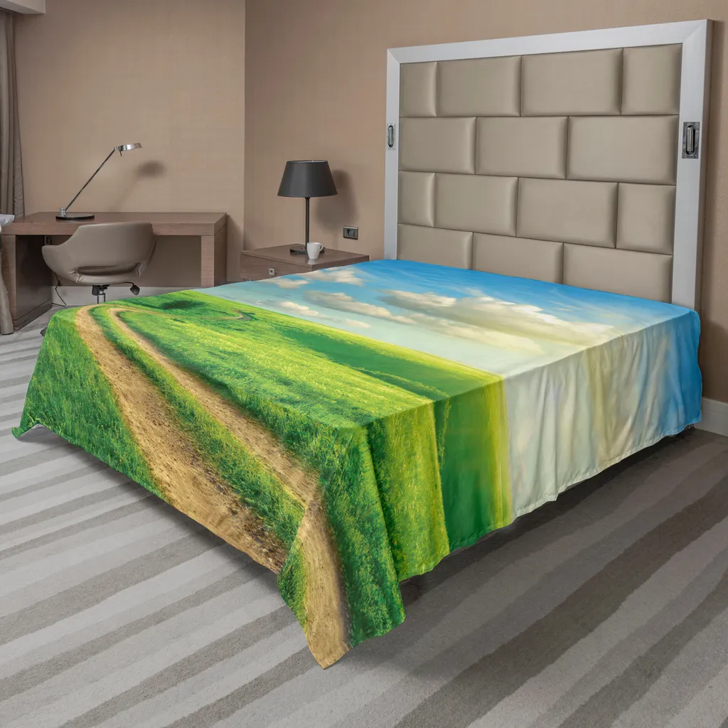 Drap de lit paysage colline et ciel nuageux 266x260 cm vert bleu ABAKUHAUS