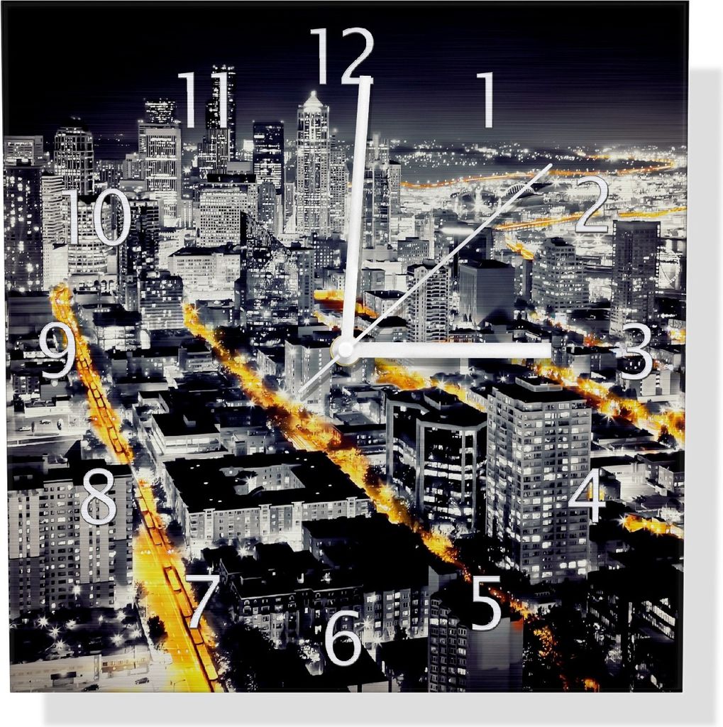 Wallario Design Wanduhr Großstadt bei Nacht - Seattle in schwarz weiß gelb aus Aluverbund, Größe 30 x 30 cm