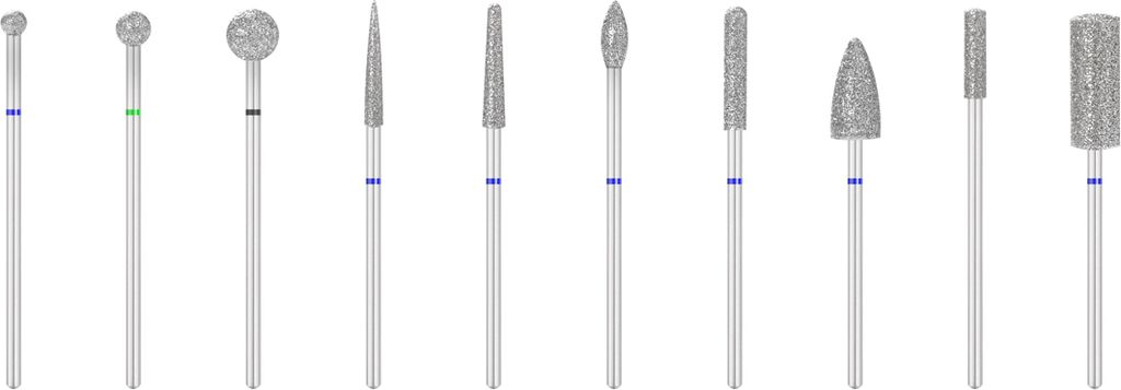A collection of diamond burrs for dental or engraving use, arranged in a line against a white background.