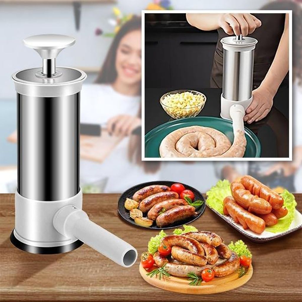 A collage showing a sausage stuffer and finished sausages.