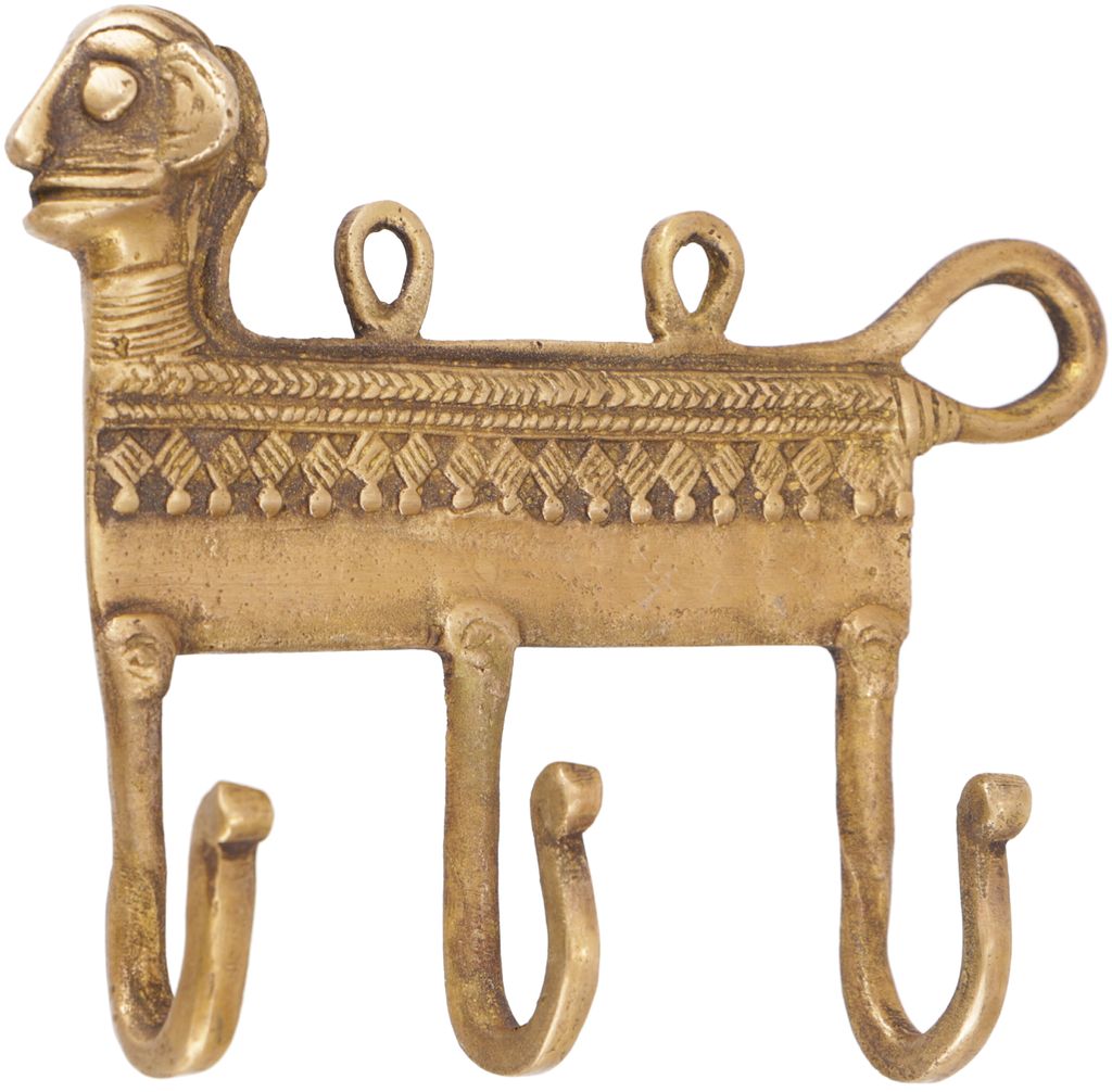 Filigran Verzierter 3`er Messing Wandhaken, Wandgarderobe, Schlüsselhalter mit Gravur - Tribal / Messing, Gold, 11*13*3,5 cm, Wandhaken aus Holz, ...
