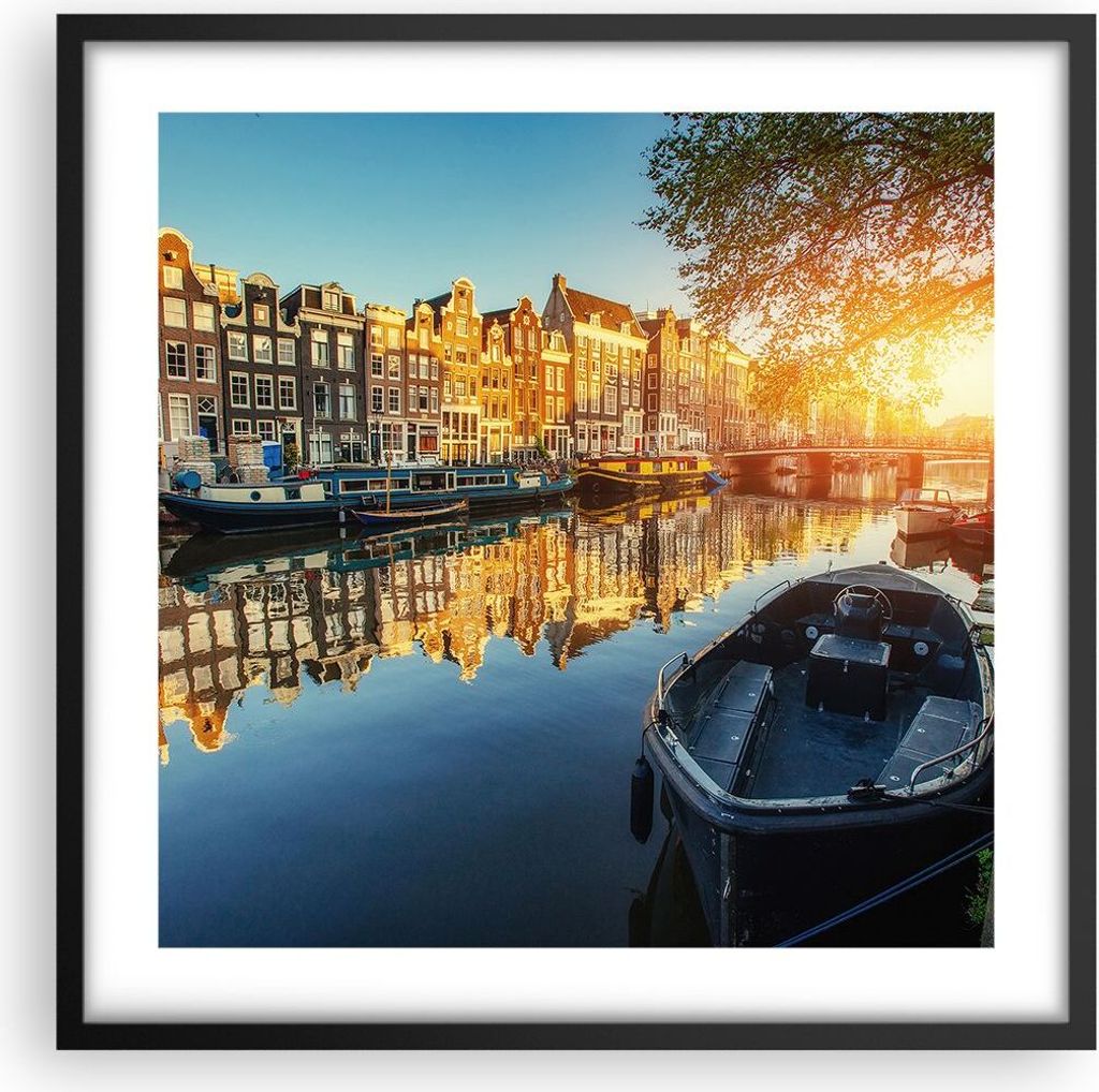 Gerahmtes Poster - Schwarzer Rahmen - Kanal Boot Amsterdam Wasser - 50x50 cm - Wand Bild - Wanddeko - Wandbilder - Wandposter - Bilderrahmen - Bild...