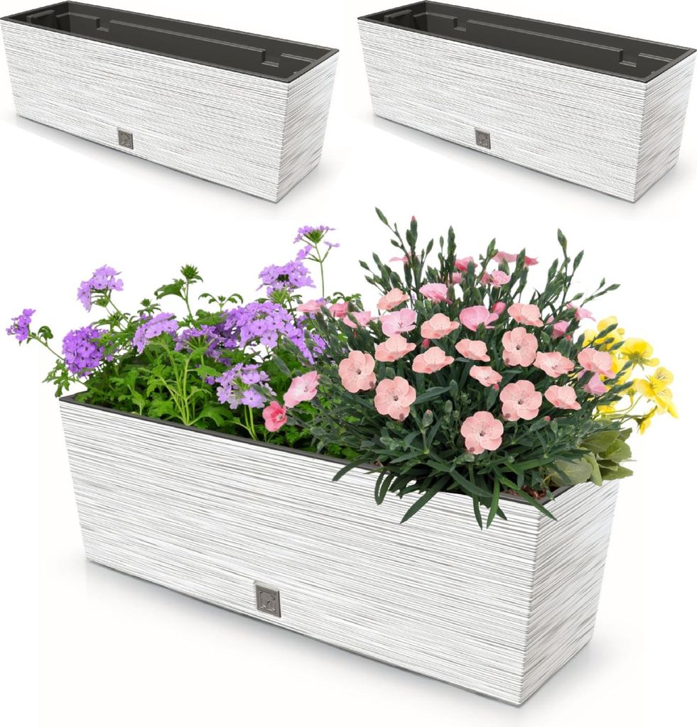 2 Stck. Blumenkasten Meißel Balkonkasten Pflanzkasten Weiß 18L 58 cm mit Topf Einsatz 12L Pflanzkübel Einzigartiger Blumentopf Kunststoff Selbst...