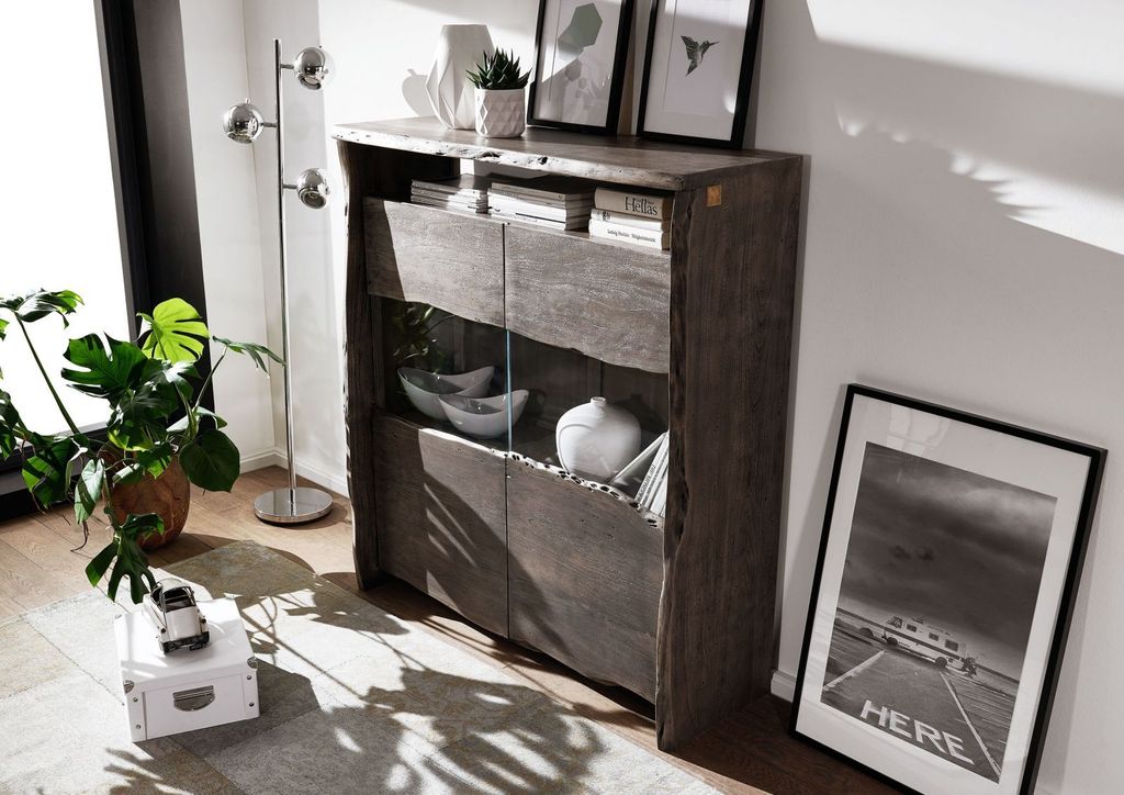 MASSIVMOEBEL24 Highboard Akazie 131x45x147 grau lackiert Produktbild 